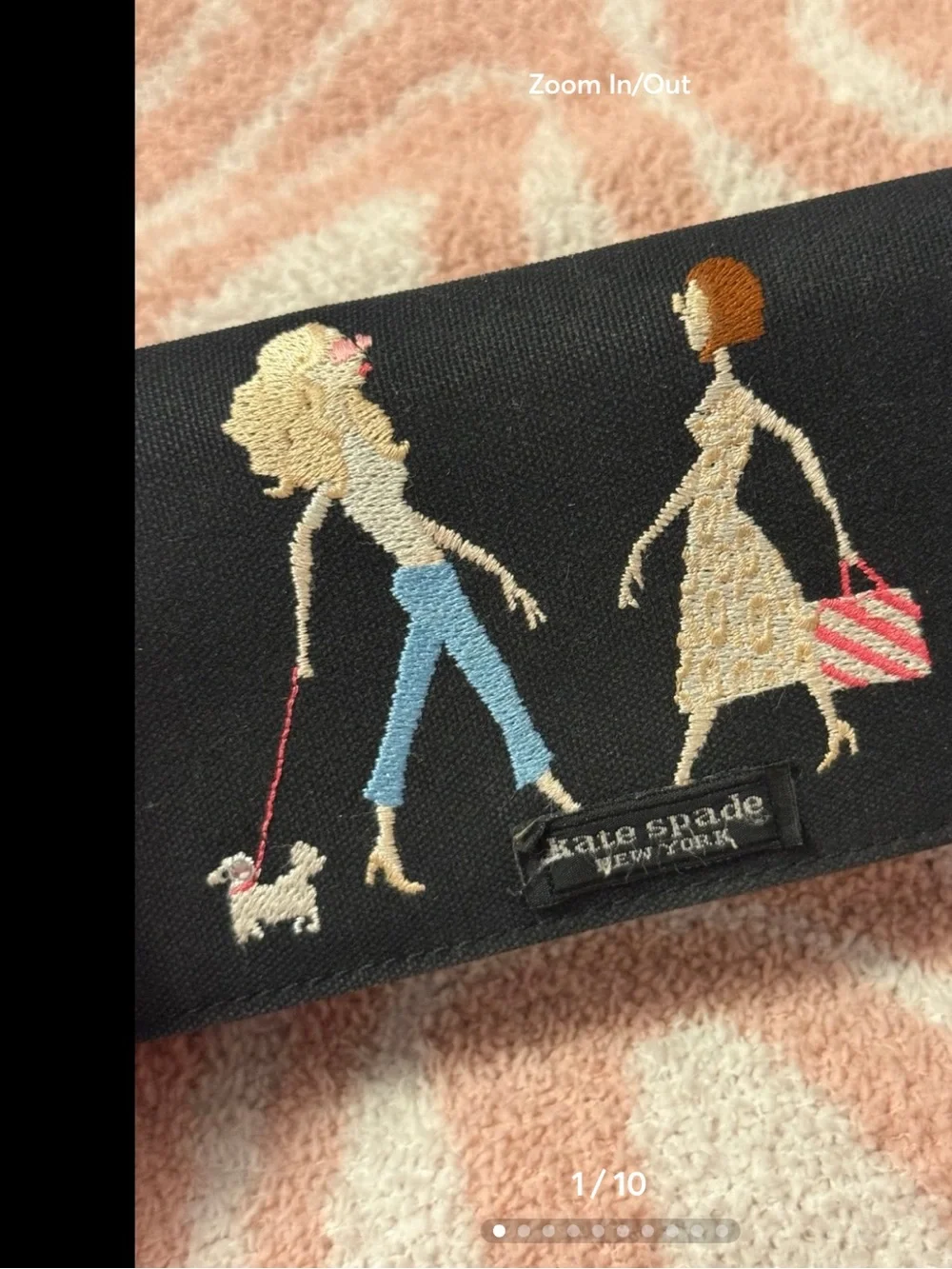 Kate Spade Rare Black Embroidered Women & Dog Card Holder with Pink Striped Tote